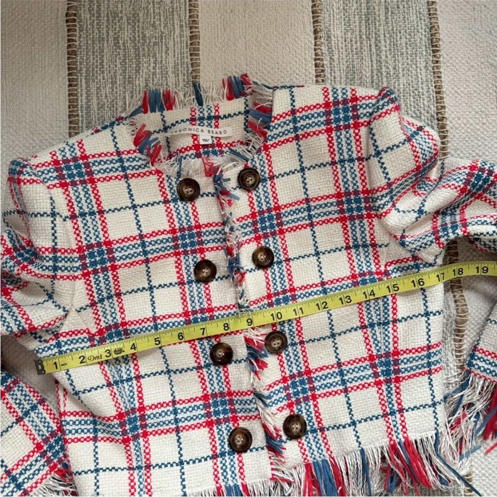 Veronica Beard Marlton White Blue Red Plaid Tweed Fringe Blazer Jacket Size 4 - Picture 8 of 16